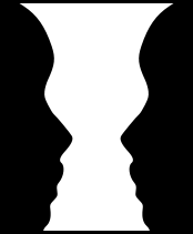The "Rubin" vase after Edgar Rubin. The figure and ground are reversible allowing the viewer to see a vase or two faces.