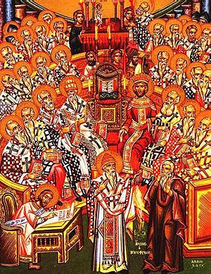 Bishops debate Arianism at the First Council of Nicea.