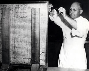 A National Bureau of Standards employee preserving an original copy of the the U.S. Declaration of Independence in 1951.