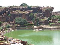Badami tank fed by waterfall