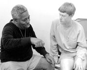 Dizzy Gillespie with drummer Bill Stewart at 1984 Stanford Jazz Workshop.