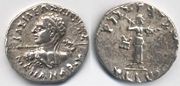 Bilingual silver drachm of Menander I (160-135 B.C.E.). With obverse and reverse legends in Greek "BASILEOS SOTĒROS MENANDROY" and Kharosthi "MAHARAJA TRATASA MENADRASA": "Of The Saviour King Menander." Reverse shows Athena advancing right, with thunderbolt and shield.
