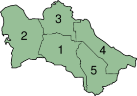 Turkmenistan is divided into five provinces or welayatlar and one independent city, Ashgabat. The provinces are: Annau, 1; Balkanabat, 2; Daşoguz, 3; Turkmenabat, 4; and Mary, 5.