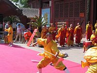 Demonstrating Kung Fu at Daxiangguo Monastery, Kaifeng, Henan.