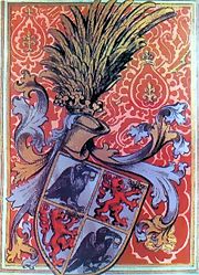 Personal Coat of arms – note the raven depicted on the escutcheon, the origin of the name Corvinus.