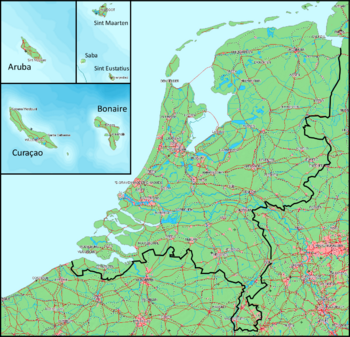 Map of the Kingdom of the Netherlands. The Netherlands and the Caribbean islands are in the same scale.