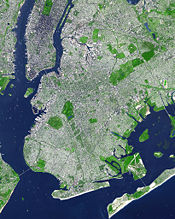 Satellite image showing Brooklyn, center. Manhattan is visible upper left. Staten Island is seen lower left, linked by the Verrazano Narrows Bridge