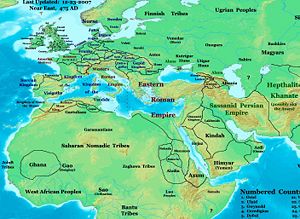 Eastern Hemisphere in 475 C.E., showing the Gepid Kingdom and its neighbors.