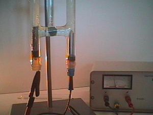 In an apparatus (Hoffman voltameter) set up for the electrolysis of water, the electrolyte consists of a solution of ions in water.