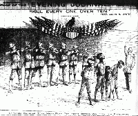 General Jacob H. Smith's infamous order "KILL EVERY ONE OVER TEN" was the caption in the New York Journal cartoon on May 5, 1902. The Old Glory draped an American shield on which a vulture replaced the bald eagle. The bottom caption exclaimed, "Criminals Because They Were Born Ten Years Before We Took the Philippines." Published in the New York Journal-American, May 5, 1902.