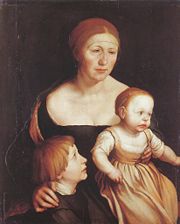 The Artist's Family, 1528, Holbein's wife, Elsbeth, with their two eldest children, Philipp and Katherina.