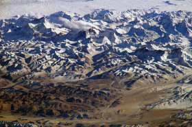 View of the Himalayas and Mount Everest as seen from space looking south-south-east from over the Tibetan Plateau
