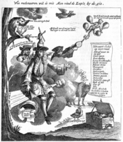 Contemporary political cartoon of Law (1720); text reads "Law loquitur. The wind is my treasure, cushion, and foundation. Master of the wind, I am master of life, and my wind monopoly becomes straightway the object of idolatry. Less rapidly turn the sails of the windmill on my head than the price of shares in my foolish enterprises."