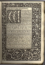 The Nature of Gothic by John Ruskin, printed by Kelmscott Press. First page of text, with typical ornamented border.