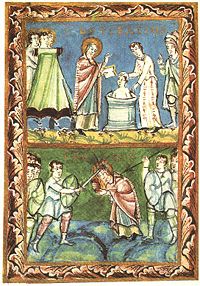 St Boniface, Baptizing and Martyrdom, from the Sacramentary of Fulda