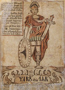 Týr, depicted here with both hands intact, is identified with Mars (the Roman god of war) in this illustration from an eighteenth-century Icelandic manuscript