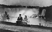 Man and woman on Canadian side of Niagara Falls, c. 1858