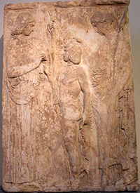 The Eleusinian trinity: Persephone, Triptolemos and Demeter, on a marble bas-relief from Eleusis, 440-430 B.C.E.