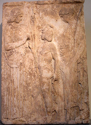 Triptolemus received wheat sheaves from Demeter and blessings from Persephone, fifth century B.C.E. relief, National Archaeological Museum of Athens