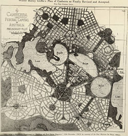Walter Burley Griffin's design for the planned city of Canberra, centered around a lake.