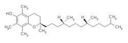 RRR stereoisomer of alpha-tocopherol, bonds around the stereocenters are shown as dashed lines (pointing down) or wedges (pointing up).