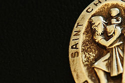 A devotional medal of Saint Christopher.