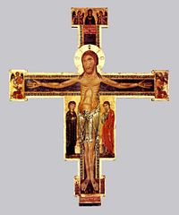 A thirteenth-century crucifix, depicting Jesus with a calm face.