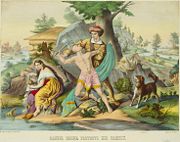 This 1874 lithograph entitled "Daniel Boone protects his family" is a representative image of Boone as an Indian fighter.