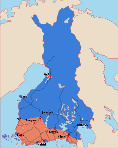 Initial frontlines and offensives of the Civil War at the beginning of February (area controlled by the Reds in red, and by the Whites in blue)