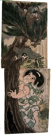 The folk hero Kintarō upsets a nest of small tengu.