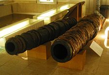 Wooden cannons used by the Sendai fief during the Boshin War. Sendai City Museum