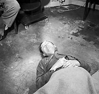 Himmler's corpse after his suicide by poison in Allied custody, 1945.