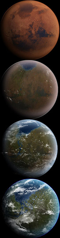 Artist's conception of a terraformed Mars in four stages of development.