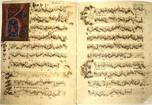 Manuscript of Missa O Crux Lignum, a mass by Busnois.  The date is not certain but probably mid fifteenth century.