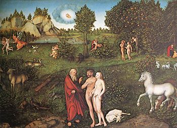 God speaks to Adam and Eve, with various other scenes from their story in the background.