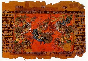 A manuscript illustration of the Battle of Kurukshetra, fought between the Kauravas and the Pandavas, recorded in the Mahabharata Epic.
