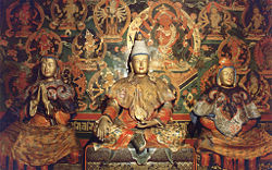 Songtsen Gampo (center) with his wives.