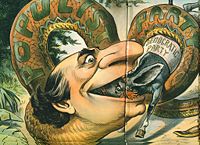 Bryan as Populist swallowing the Democratic Party; 1896 cartoon from the Republican magazine Judge.