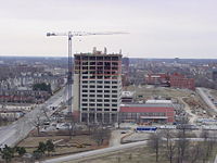 Crane constructing a building in Kansas City.