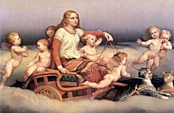 A depiction of Freyja riding a cat-driven chariot and flanked by cherubs in a painting by Nils Blommér