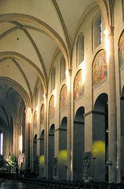 Mainz Cathedral, Germany, has possibly the earliest example of an internal elevation of 3 stages.