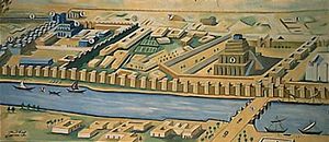 Mural depicting the palace quarter of Nebuchadrezzar's Babylon. The Ishtar Gate is shown in the top left corner of the image