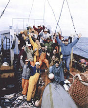 Ocean Church participants returning after a successful catch.  Rev. Moon is in the middle with the green jacket.