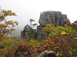 Striking rock formations and rich foliage on Jirisan