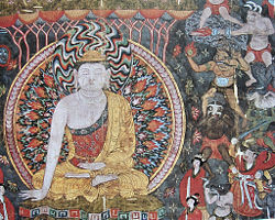 Earliest known representation of black powder-based devices: A fire lance and a grenade, in a tenth century illustration that juxtaposes these weapons of war (upper right) with the peace of a Buddha.