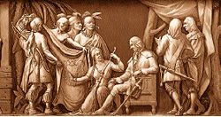 "Oglethorpe and the Indians"--James Oglethorpe, who founded the colony of Georgia and became its first governor, is shown making peace on the site of Savannah with the chief of the Muskogee Indians, who presents a buffalo skin decorated with an eagle, symbol of love and protection.