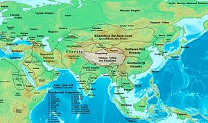 The Sassanid Empire in 500 C.E. Map also shows borders of Hephthalite Khanate and the Eastern Roman Empire.