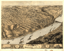 Bird's eye view of Kansas City, Missouri. Jan. 1869. Drawn by A. Ruger, Merchants Lith. Co., currently located at the Irish Museum and Cultural Center in Union Station