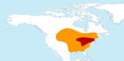 Distribution map of Ectopistes migratorius. In red: Breeding zone; In yellow: Wintering zone