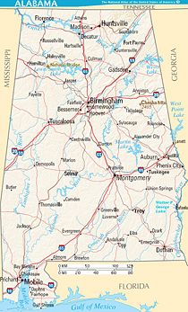Alabama terrain map: shows lakes, rivers, roads, with Mount Cheaha (right center) east of Birmingham.